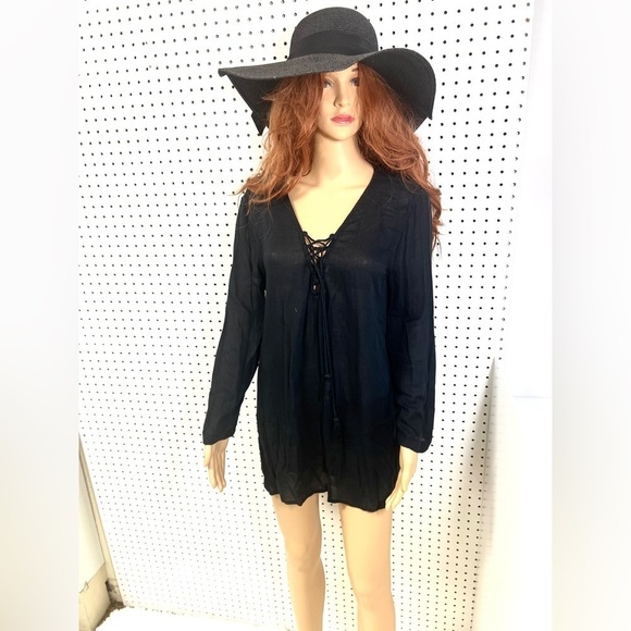 Billabong Women's Boho Black Lace-Up Tassel Front Beach Cover Up Tunic Dress M - Picture 1 of 11